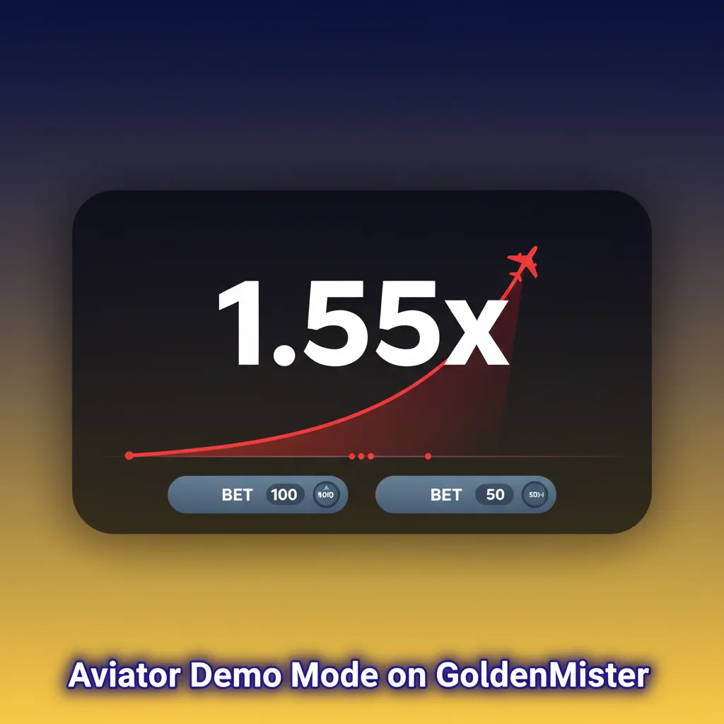 Aviator demo on GoldenMister showing rising multiplier, two bet fields, Auto Bet and Auto Cash Out toggles, virtual funds.