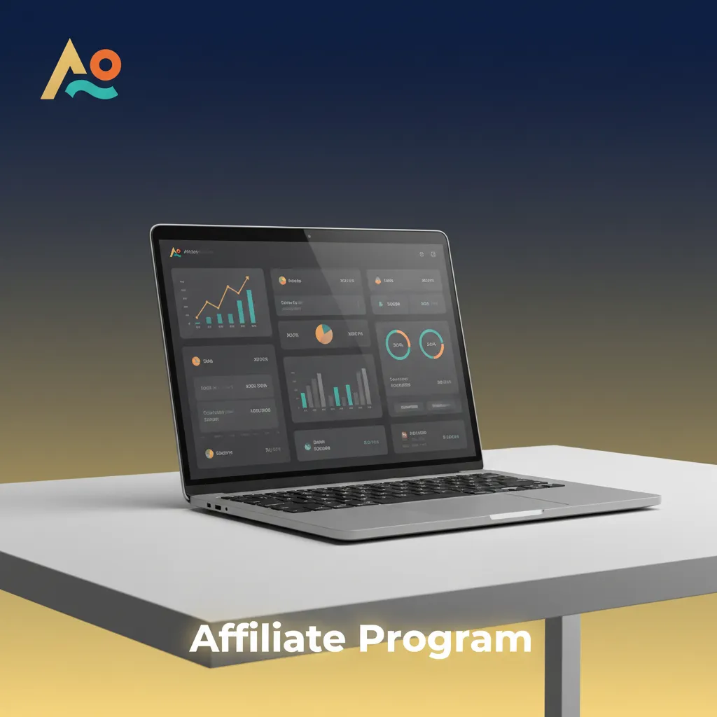 Affiliate program graphic: revenue share for referrals, tiered commissions, tracking links and geo creatives. Apply online.
