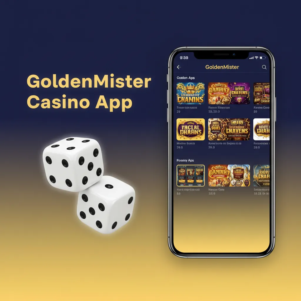 GoldenMister Casino app screenshot showing casino hub with Blackjack, Roulette, slots, live dealers, and promotions tab.