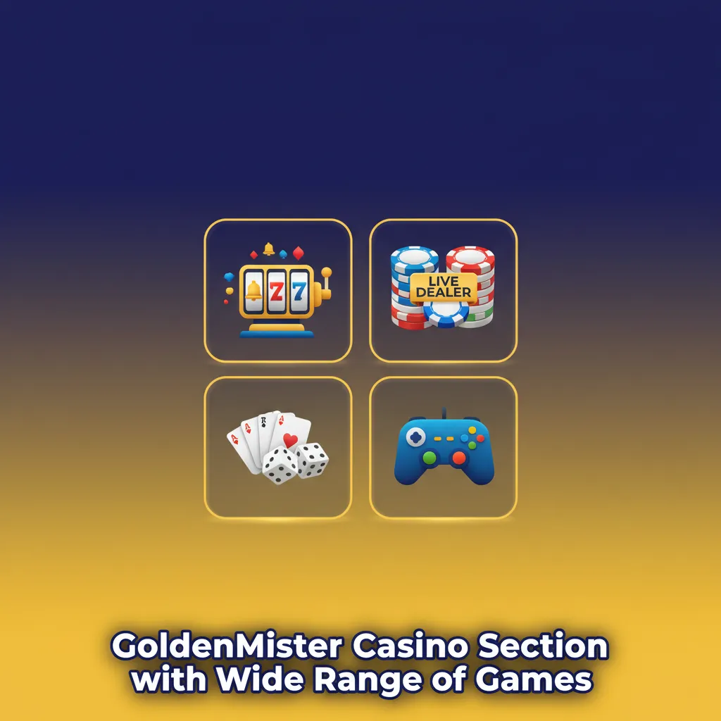GoldenMister Casino games hub showing slots, roulette, blackjack, jackpots, crash, instant games and video poker.