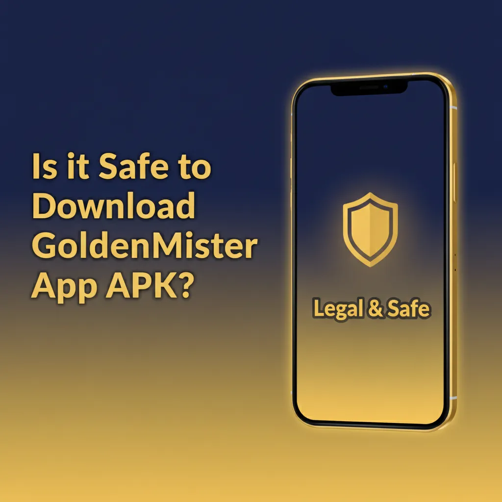 Phone screen showing GoldenMister app with padlock, licensed gambling, SSL encryption, ID checks, and payment protection.
