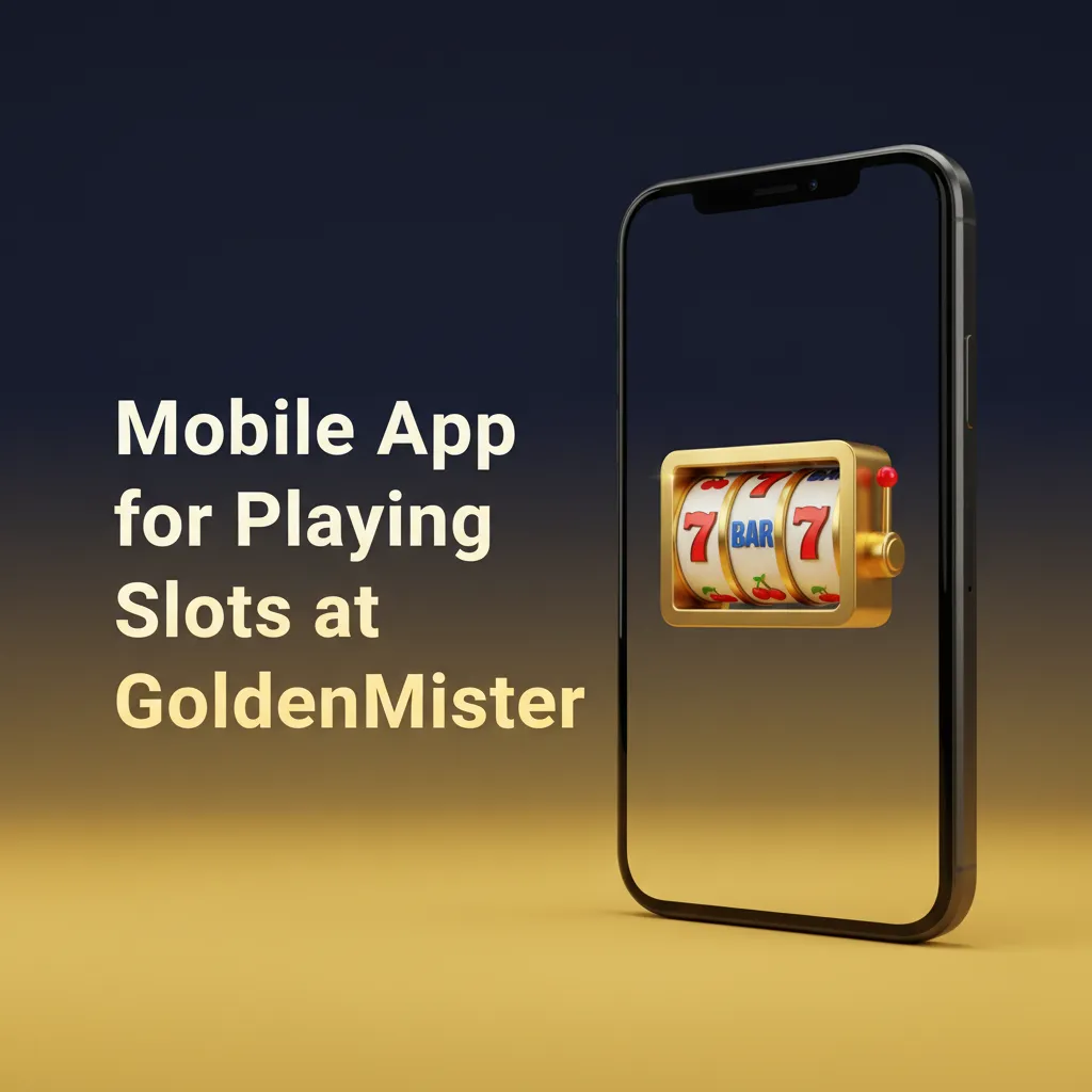 Phone displays GoldenMister slots app with grid of games, Slots icon, search, filters, and Spin button.