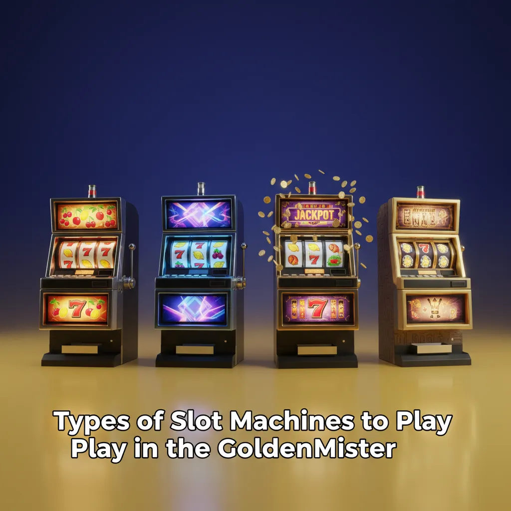 Grid of slot types at GoldenMister: classic 3-reel, video, Megaways, progressives, cluster pays, fruit machines, Slingo.