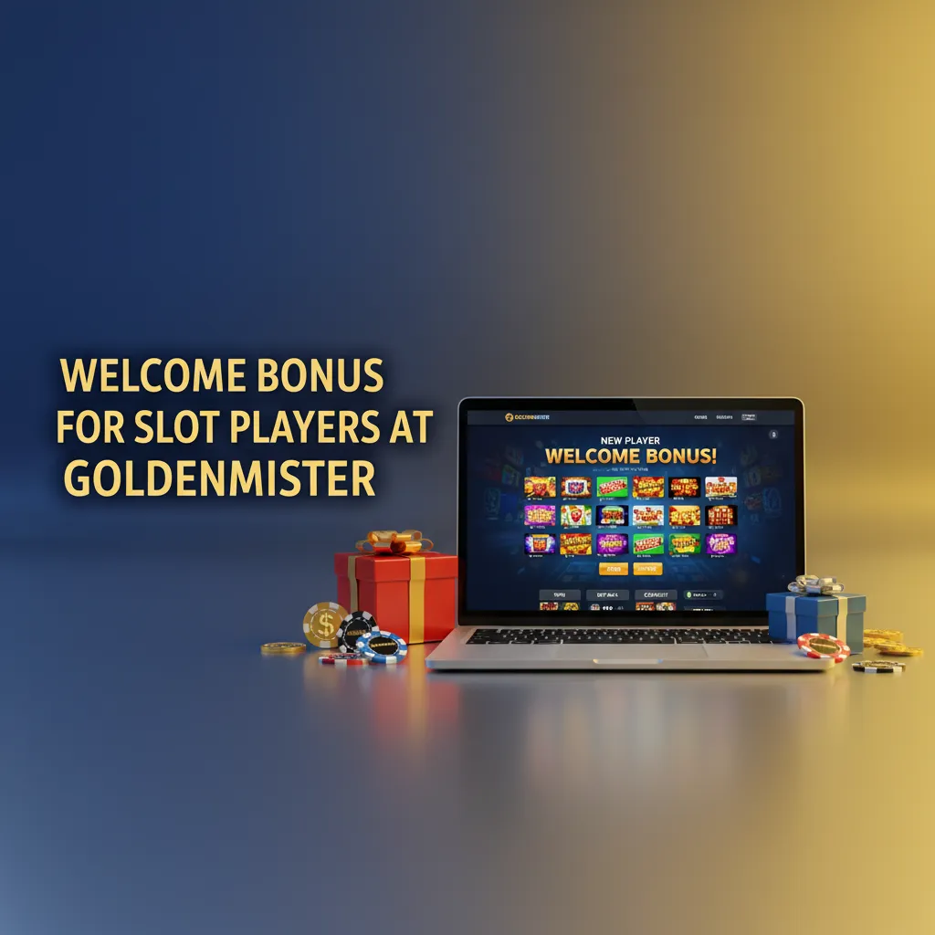 GoldenMister slots welcome bonus banner with tiered deposit offers, x45 wagering, reloads, cashback, loyalty 18+ T&Cs apply